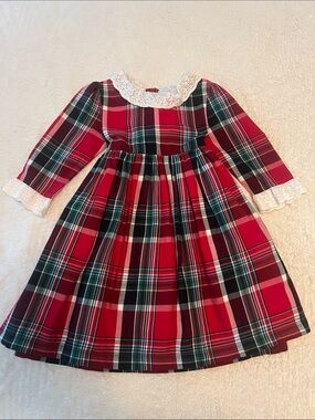 Children's Red & Green Plaid Holiday Dress with Lace Collar